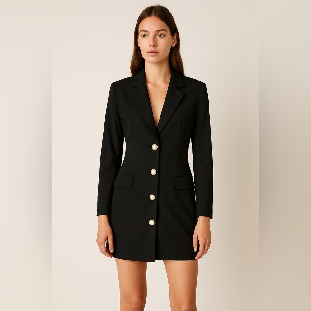 Zara Black Blazer Dress with Pearl Buttons Minimalist Statement‎ Piece
